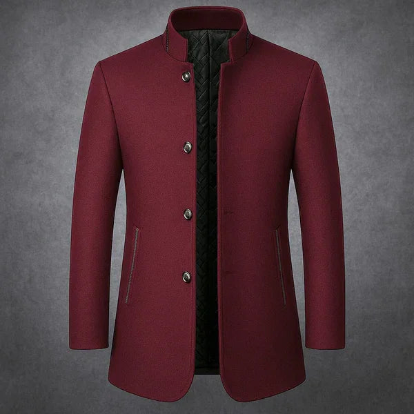 Rovelli burgundy men's wool blend coat with stand collar and quilted lining