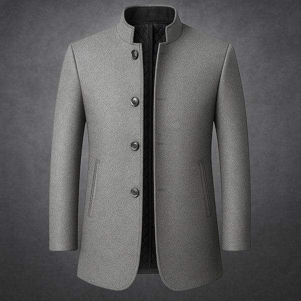 Rovelli light grey men's wool coat with stand collar and button front, grey background