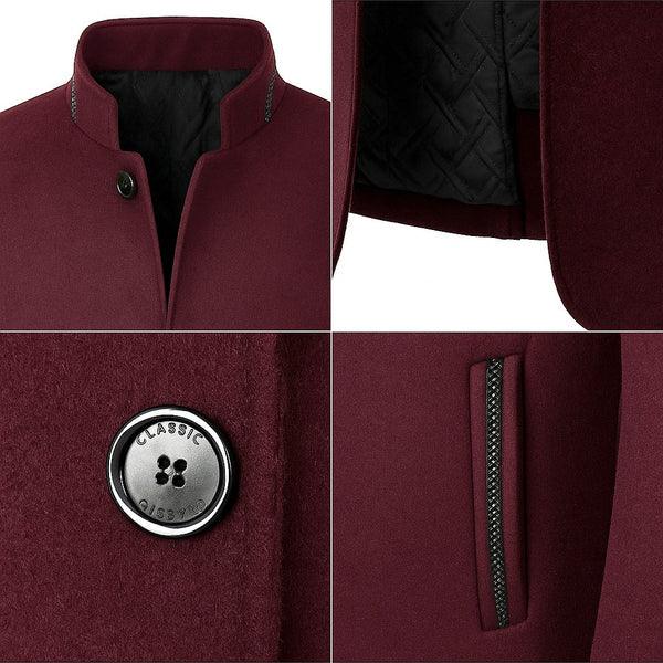Rovelli burgundy wool coat close-up, stand collar, quilted lining, classic button, pocket detail
