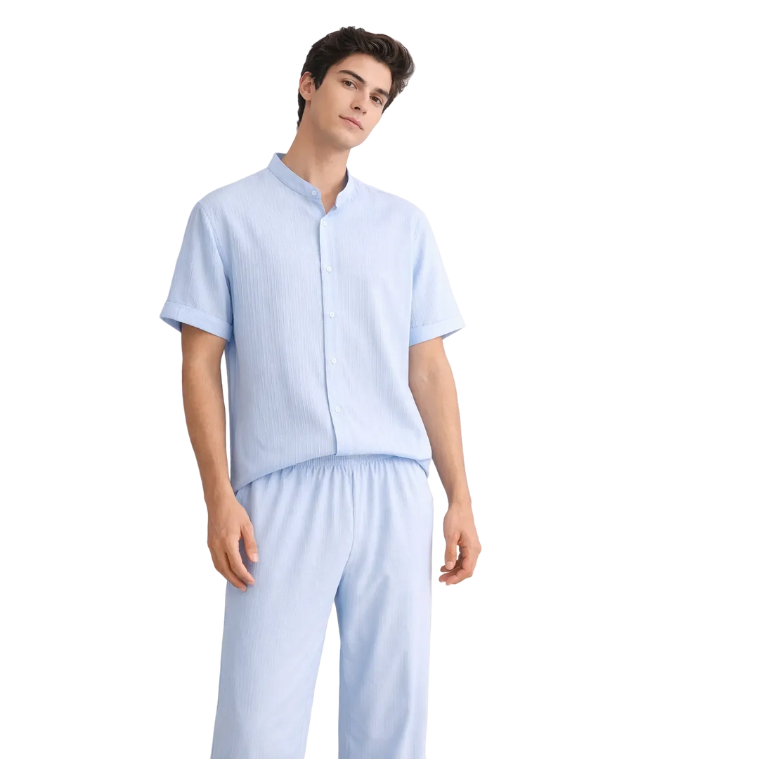 Rovelli light blue textured lounge set, short sleeve shirt and pants, on male model