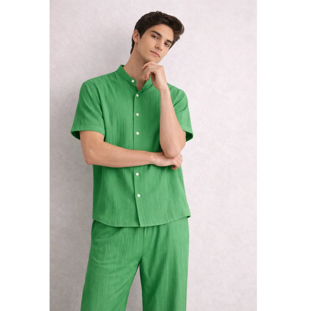 Rovelli men's green textured lounge set with short sleeves and white buttons