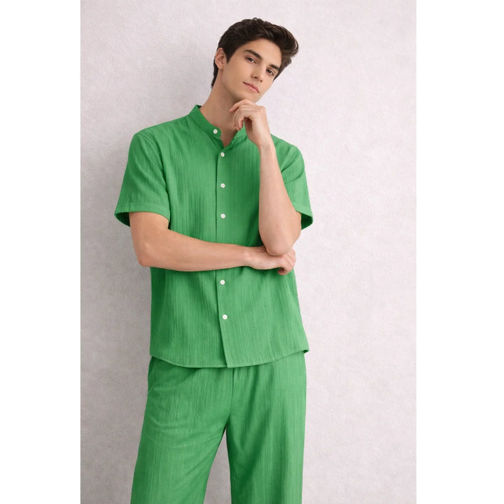 Rovelli men's green textured lounge set with short sleeves and white buttons