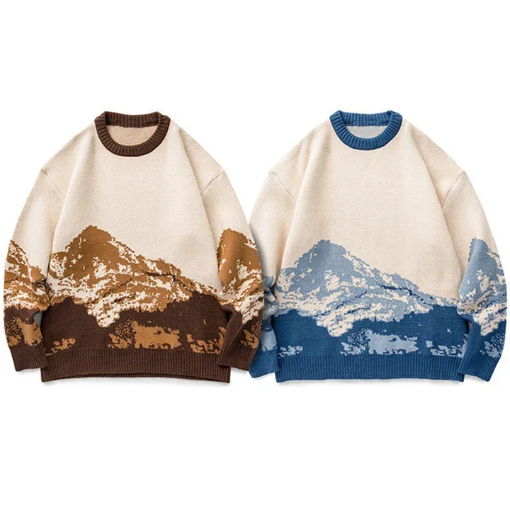 Rovelli knit sweaters with mountain landscape design in brown and blue color options