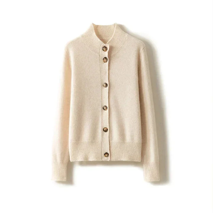 Rovelli cream knit cardigan with button front and ribbed collar on white background