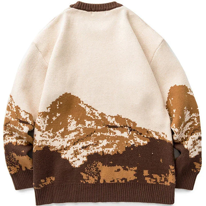 Rovelli beige knit sweater with brown mountain landscape graphic on back