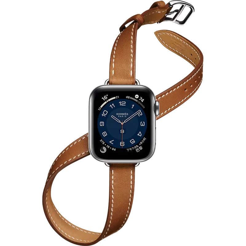 A smartwatch with a blue face and brown double wrap design genuine leather Apple Watch band, featuring white numerals and luxury branding on the watch face.