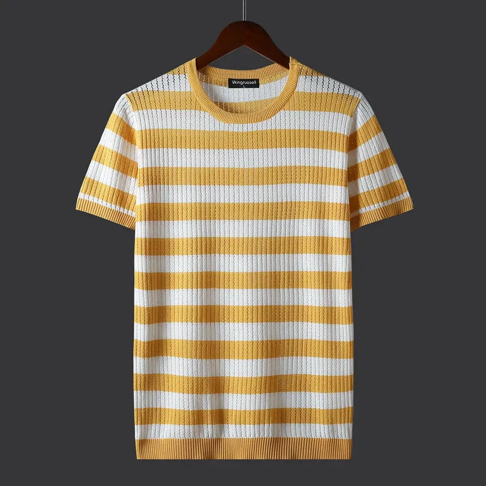 A comfort-fit, short-sleeved knit shirt with horizontal yellow and white stripes and a subtle ribbed texture, hanging on a wooden hanger against a dark gray background.
