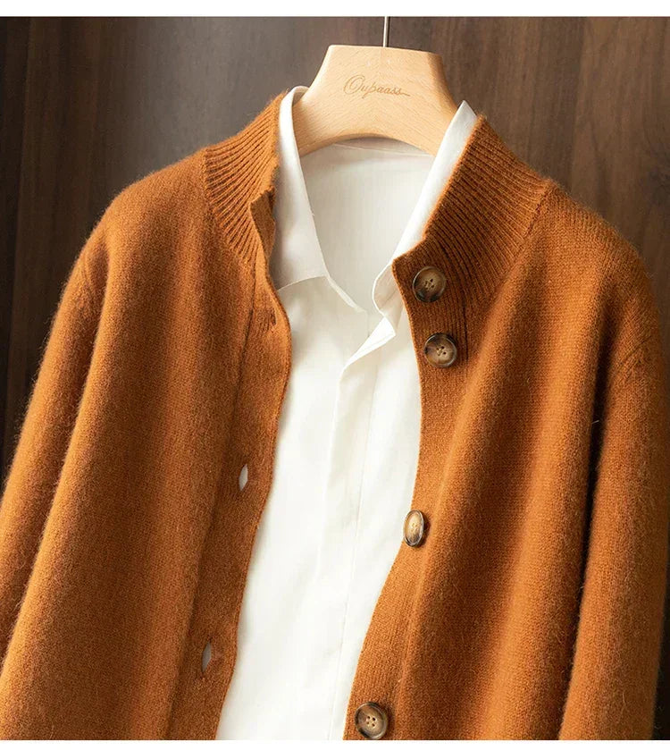 Rovelli brown wool cardigan with buttons over a white shirt on wooden hanger