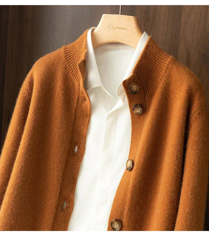 Rovelli brown wool cardigan with buttons over a white shirt on wooden hanger