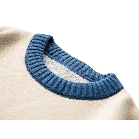 Rovelli beige sweater close-up with blue ribbed collar
