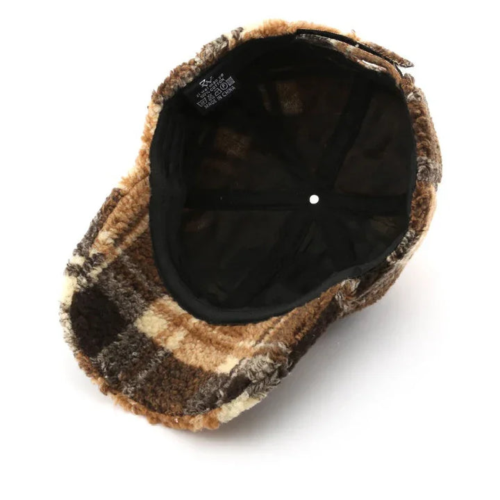 Rovelli brown plaid fleece cap with black lining, cozy winter accessory