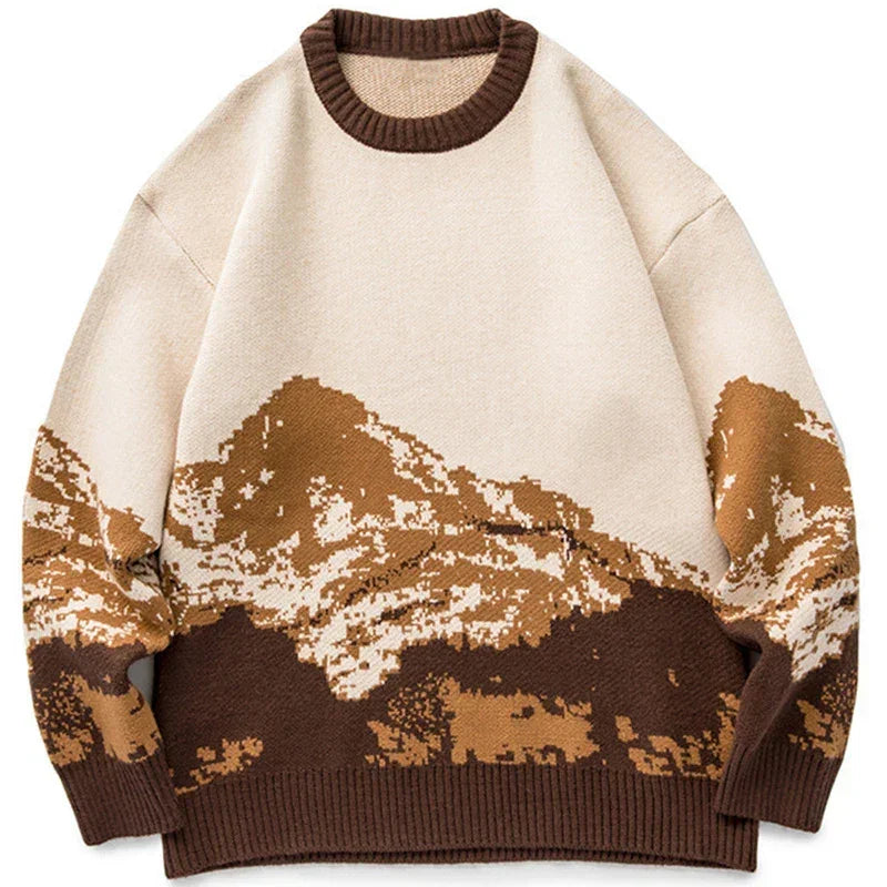 Rovelli beige and brown mountain landscape knit sweater, crew neck, abstract design