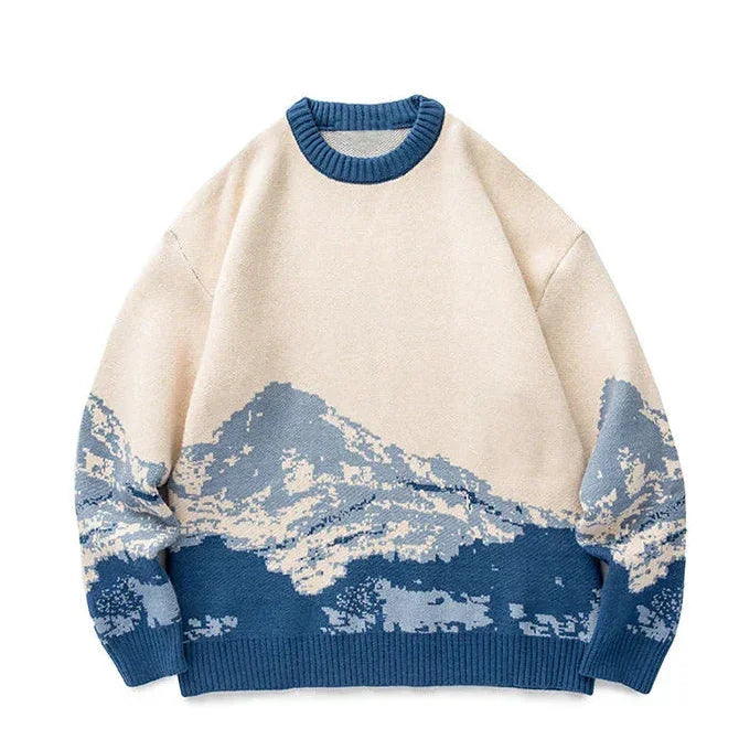Beige and blue knit sweater with abstract mountain design by Rovelli