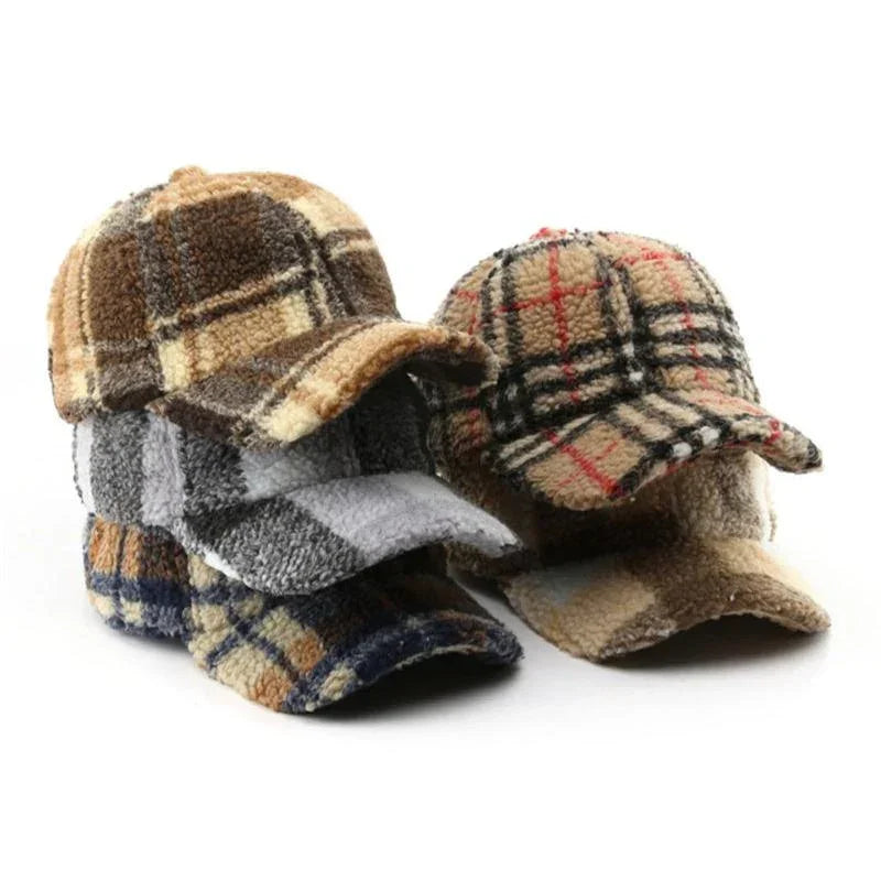 Stack of plaid fleece baseball caps in various colors, Rovelli accessories collection