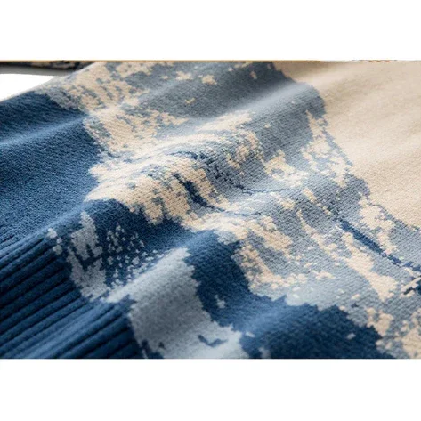Blue and beige knitted sweater with abstract mountain design, Rovelli fashion apparel