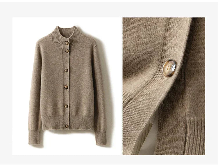 Rovelli beige wool cardigan with button front and ribbed cuffs, close-up detail shown