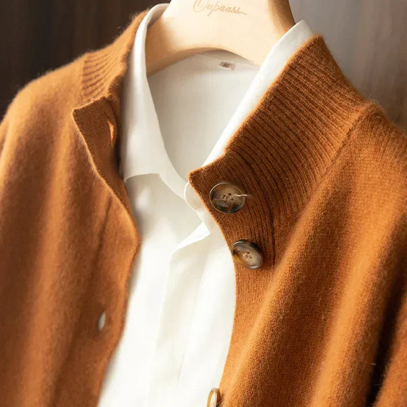 Rovelli soft brown cardigan with buttons over white shirt on hanger, warm knitwear fashion