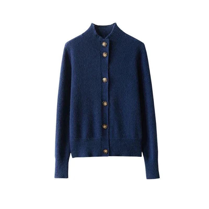 Rovelli navy blue wool cardigan with buttons, long sleeves, and ribbed collar