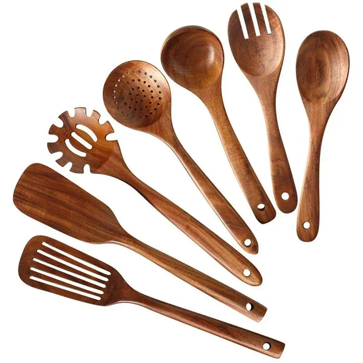 Rovelli wooden kitchen utensils set with spoons and spatulas on white background