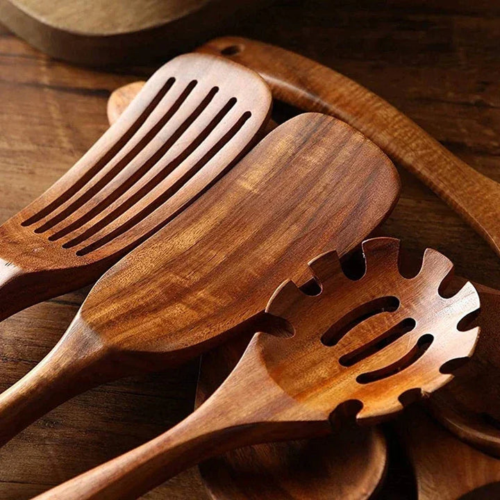 Rovelli wooden kitchen utensils set on rustic wooden table