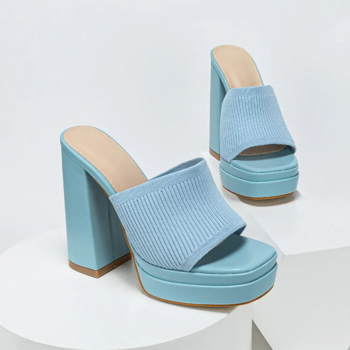 Light blue platform heels with chunky block heels and ribbed knit uppers from Rovelli.