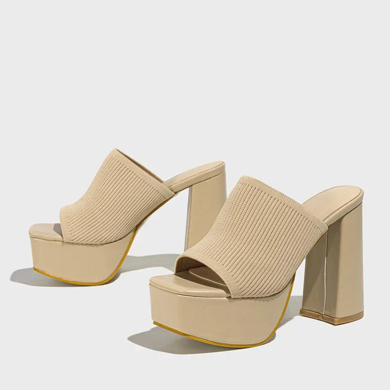Beige platform sandals with ribbed fabric uppers and chunky heels, Rovelli footwear