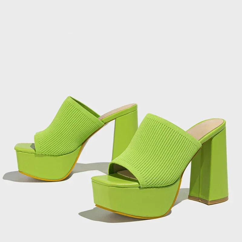 Lime green platform sandals with high block heels and ribbed fabric uppers from Rovelli