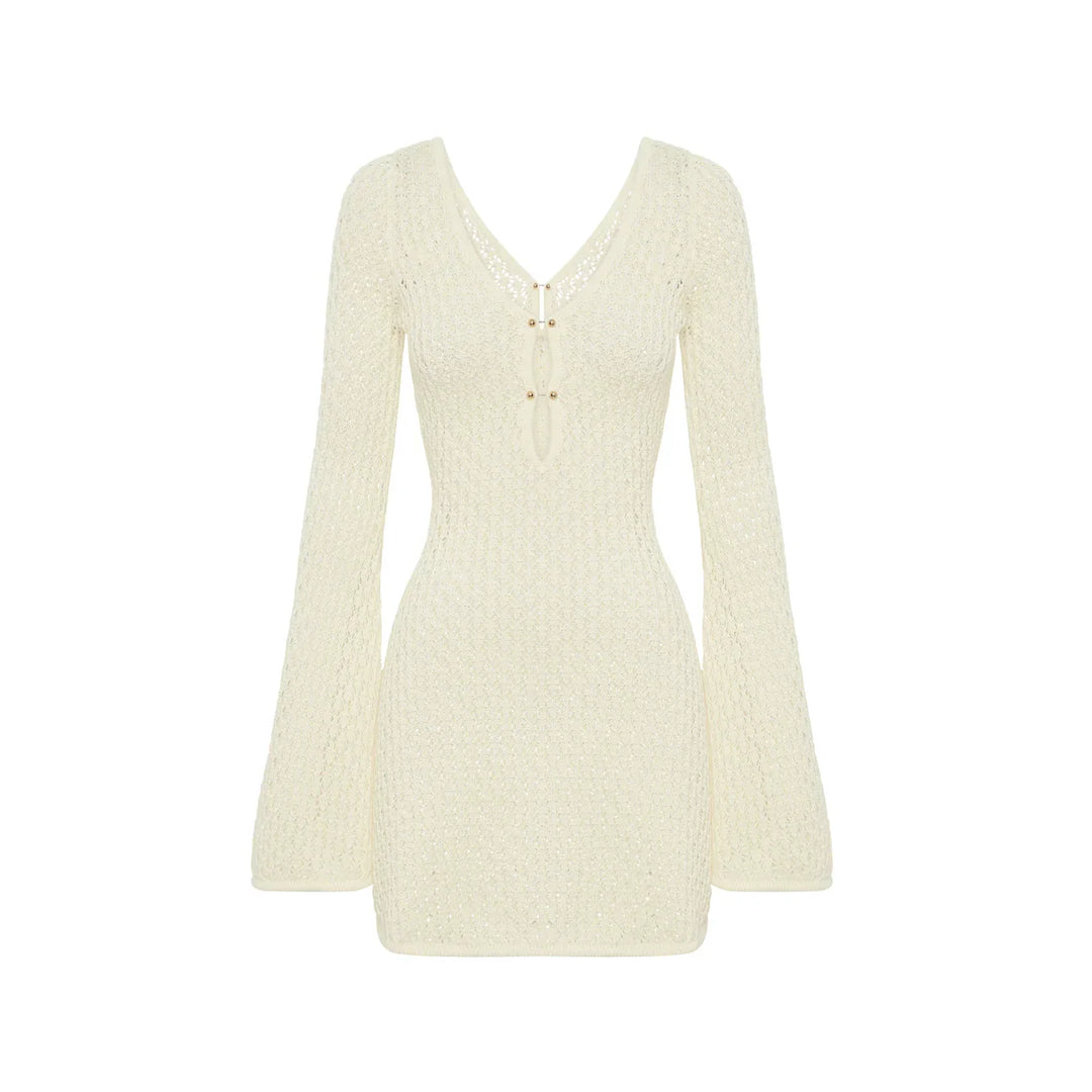 Rovelli cream knit mini dress with flared sleeves and front lace-up detail