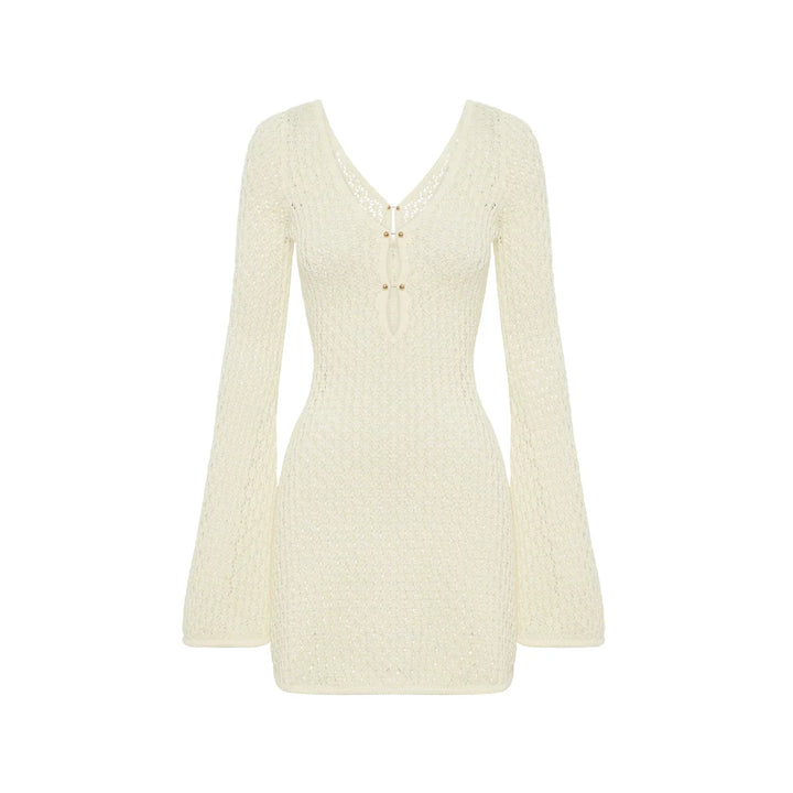 Rovelli cream knit mini dress with flared sleeves and front lace-up detail