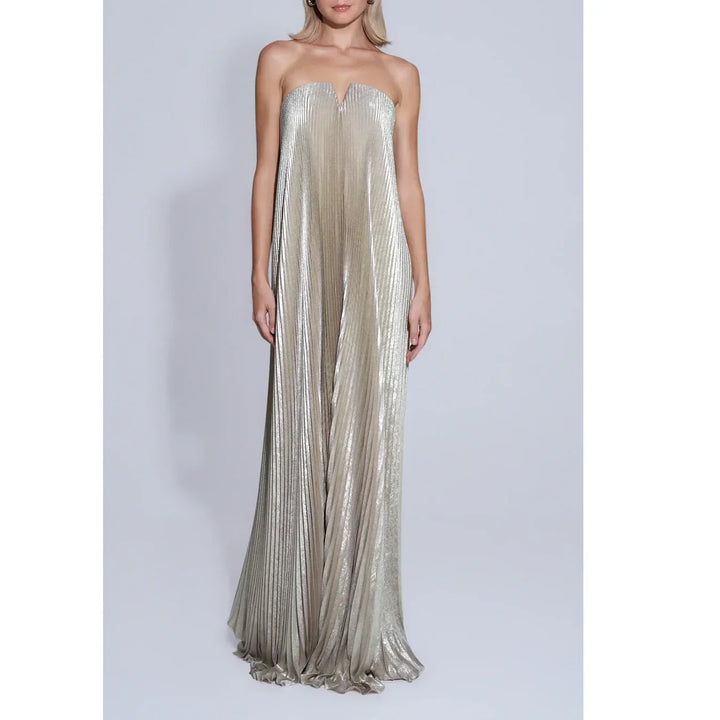 Rovelli metallic strapless pleated evening gown on model, elegant luxury fashion