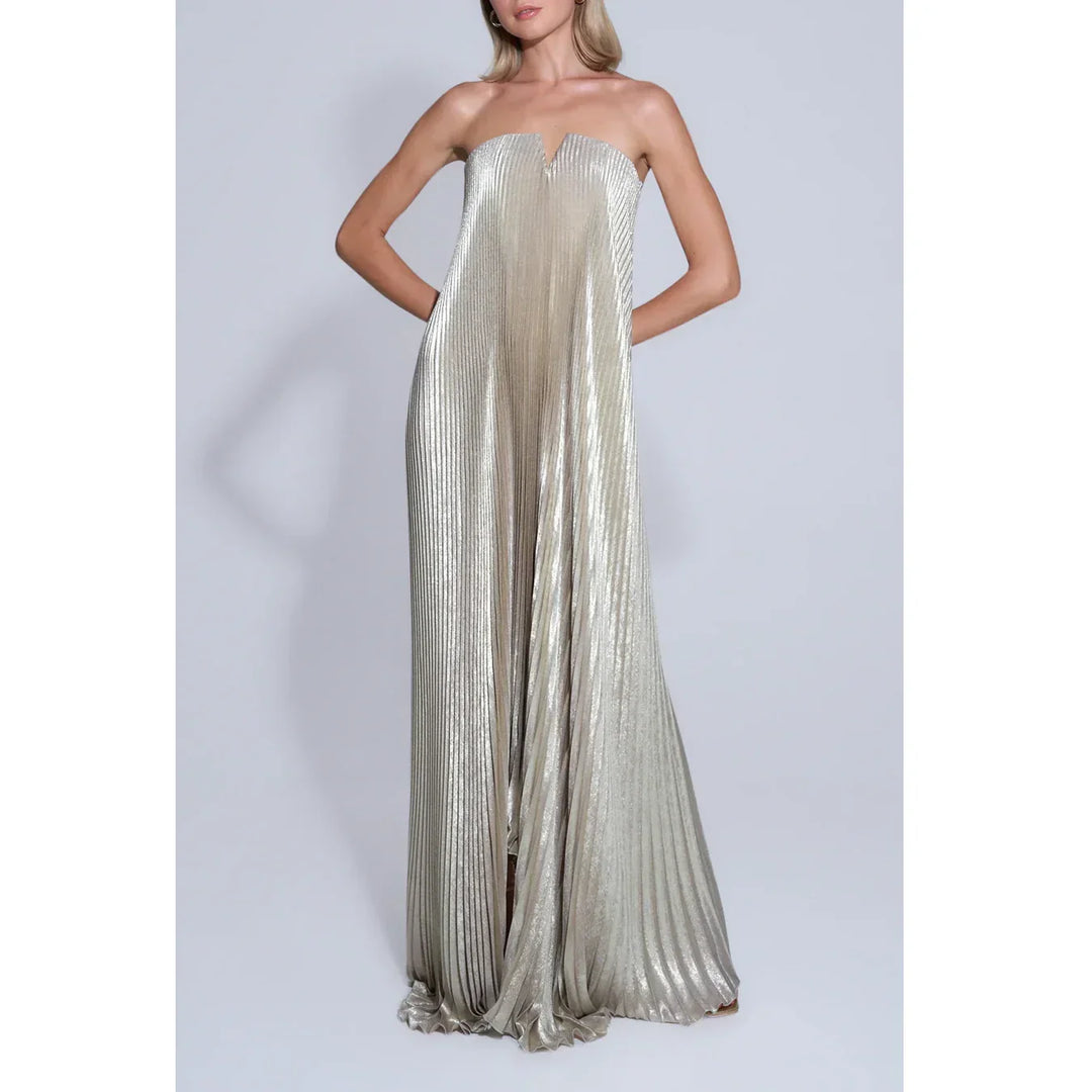 Rovelli strapless metallic pleated gown, elegant evening dress on model