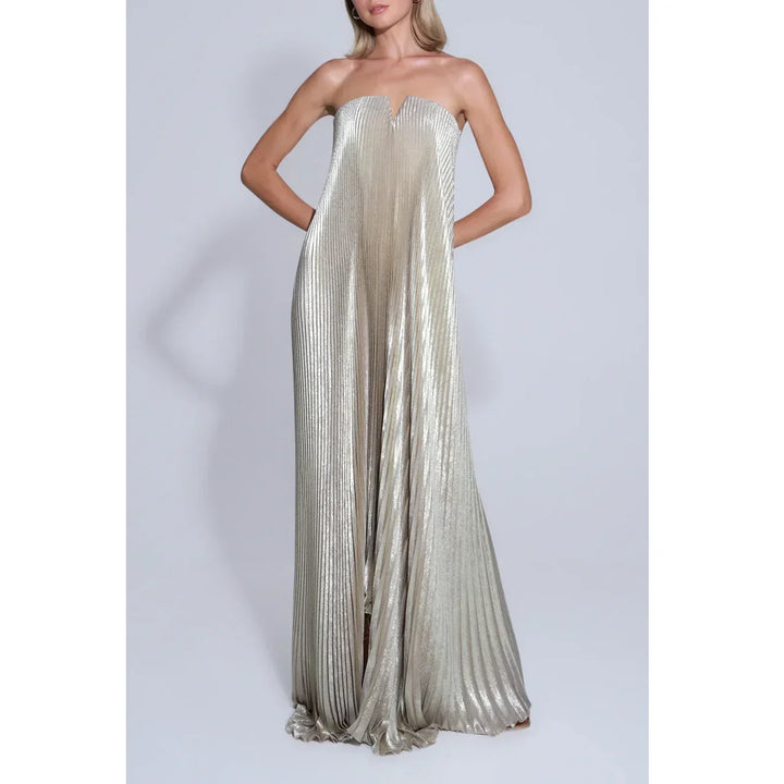 Rovelli strapless metallic pleated gown, elegant evening dress on model