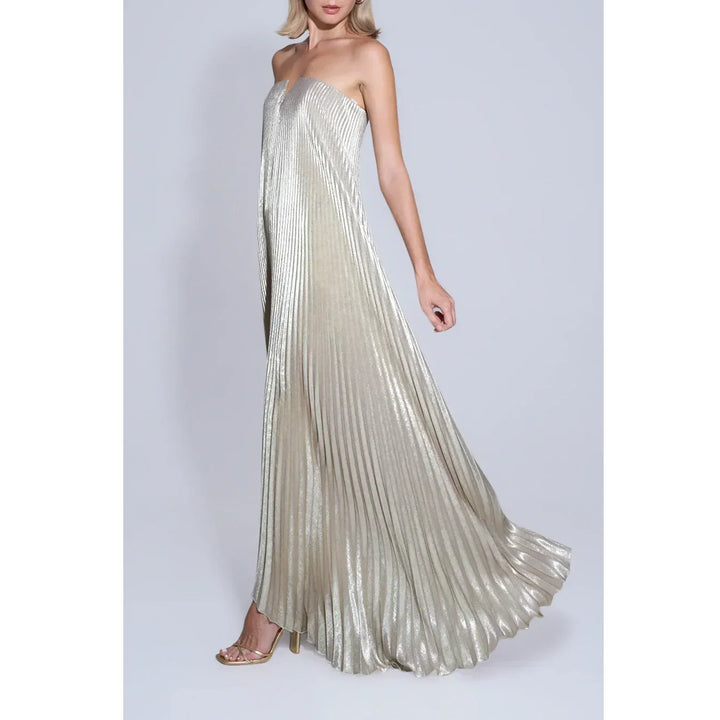 Rovelli metallic pleated strapless gown, evening dress with flowing gold fabric