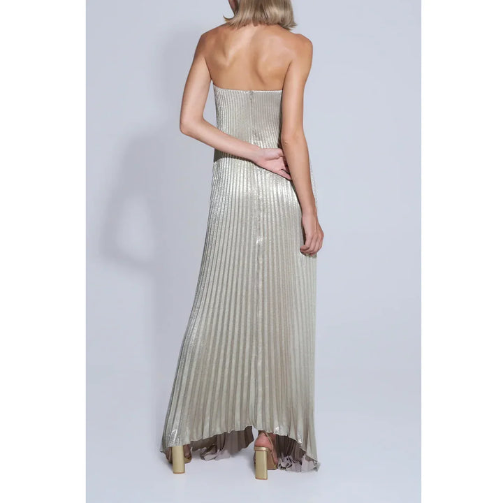 Back view of a woman in a strapless metallic pleated maxi dress, Rovelli fashion