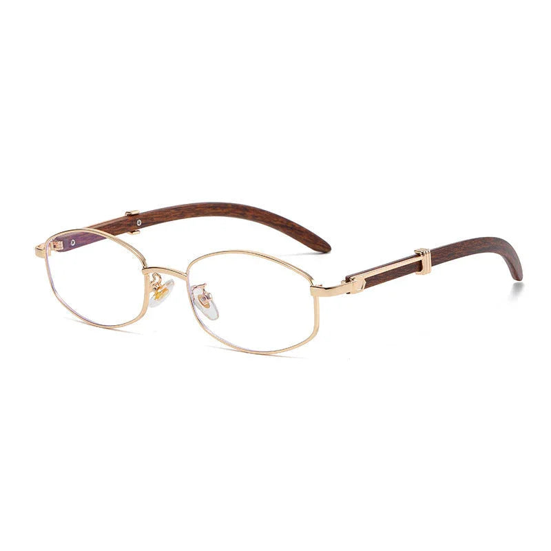 Gold-tone frames with rectangular lenses, featuring brown, wood-textured temple arms and adjustable nose pads. These vintage-inspired sunglasses offer UV400 protection, all beautifully displayed on a white background.