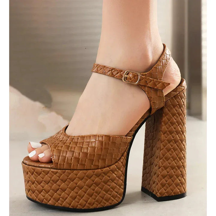 Brown woven leather platform sandal with square heel from Rovelli