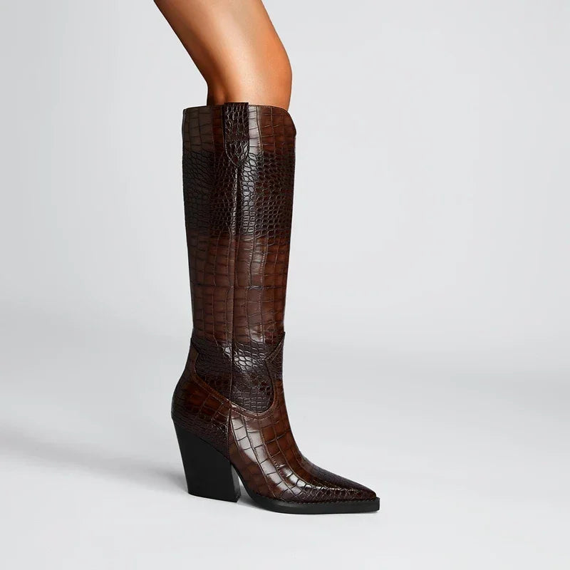 Rovelli brown crocodile-embossed long leather boots with block heel