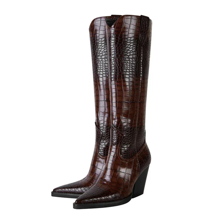 Rovelli brown long leather boots with crocodile texture and block heel on white background
