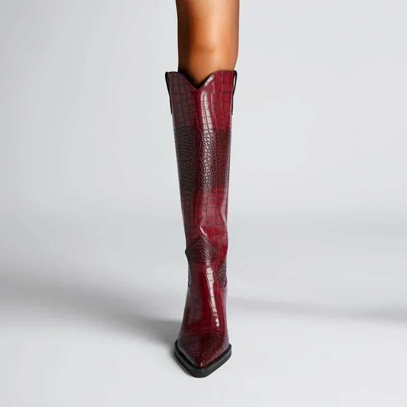 Rovelli women's tall wine red crocodile-embossed leather boot on white background