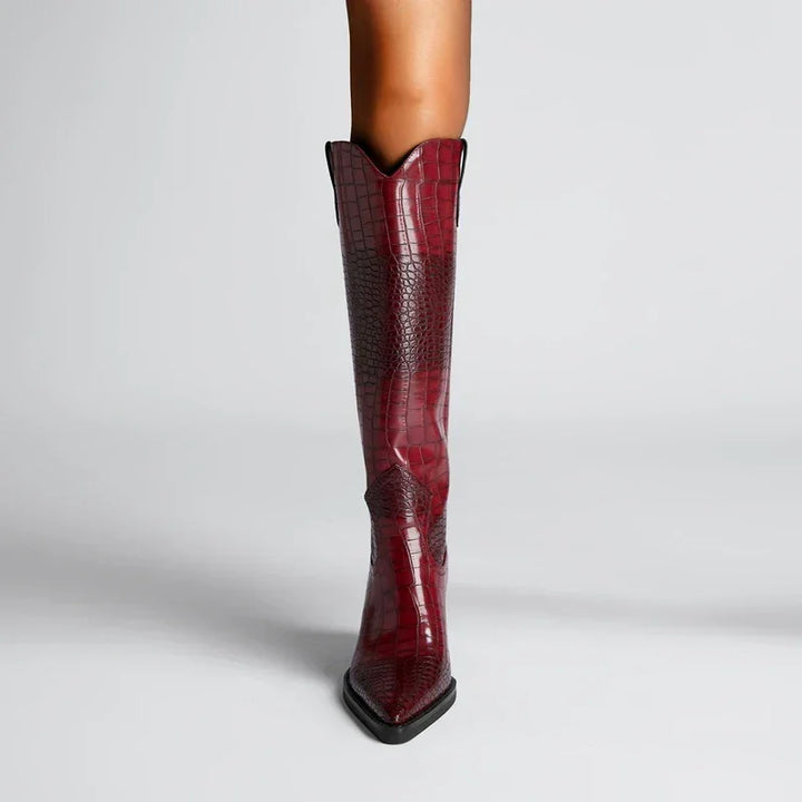 Rovelli women's tall wine red crocodile-embossed leather boot on white background