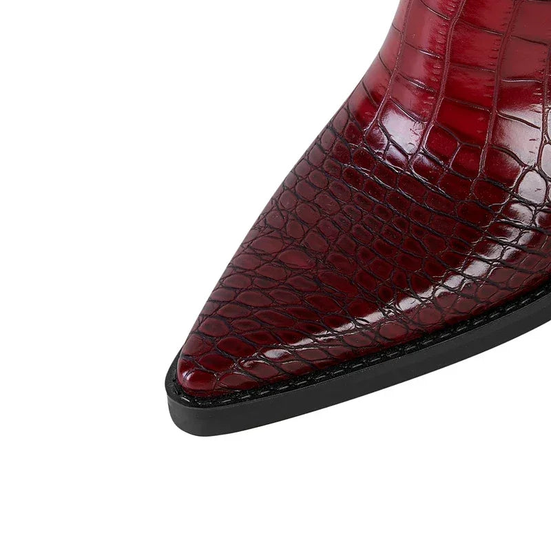 Wine red crocodile-embossed leather boot with pointed toe from Rovelli