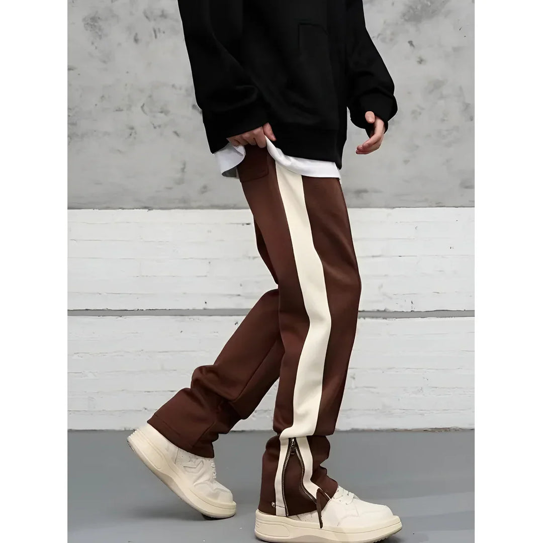 Brown men's streetwear pants with white side stripe, casual Rovelli fashion style
