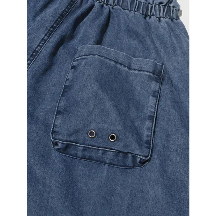 Blue balloon denim jeans with elastic waistband and pocket, Rovelli fashion detail