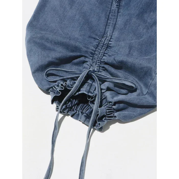 Blue denim drawstring balloon jeans with ruched hem detail from Rovelli