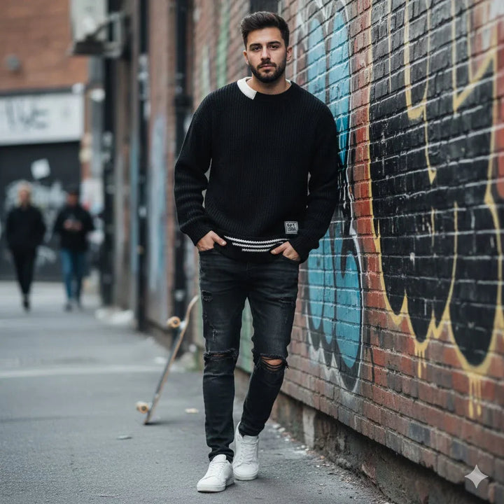 Man wearing black knit sweater and ripped jeans by graffiti wall, Rovelli streetwear fashion