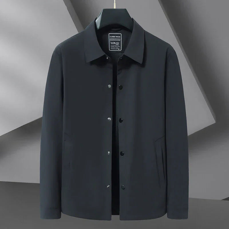 Rovelli men's black minimalist button-up jacket on hanger, modern background