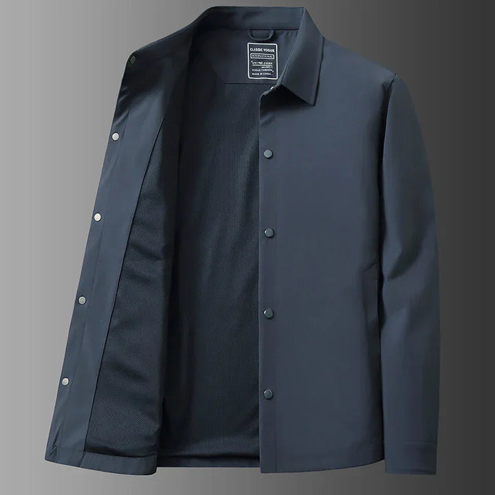 Rovelli black button-up lightweight jacket with collar on gray gradient background
