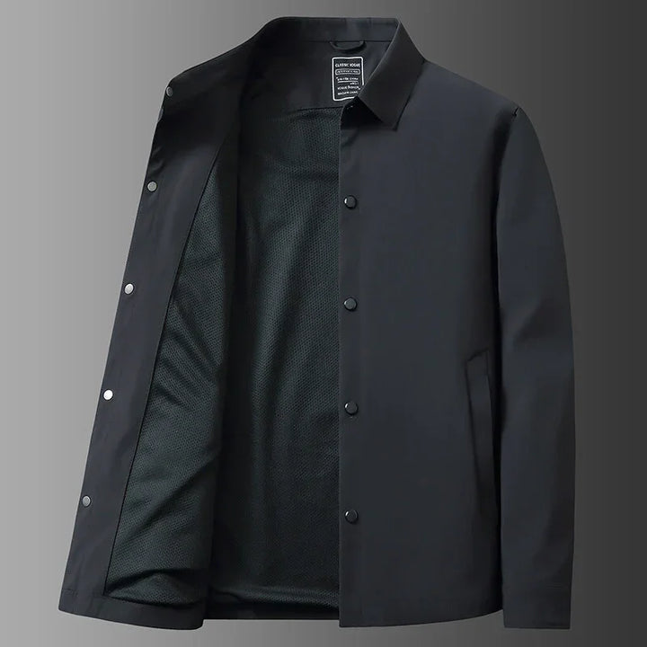 Rovelli black men's jacket with mesh lining and button closure, displayed open