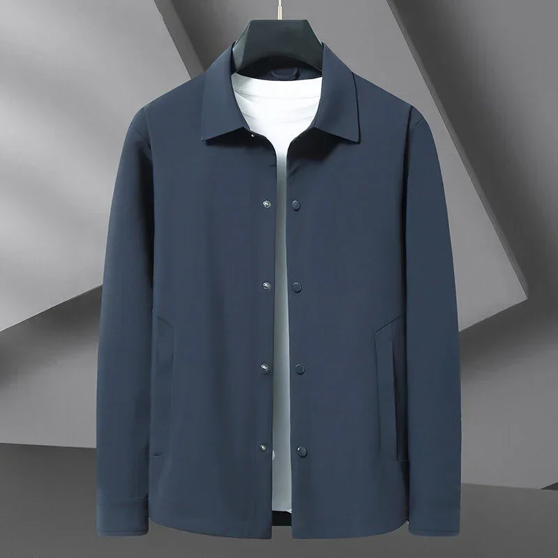 Rovelli men's navy blue button-up jacket on hanger, minimalist modern background