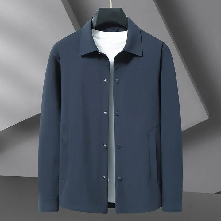 Rovelli men's navy blue button-up jacket on hanger, minimalist modern background